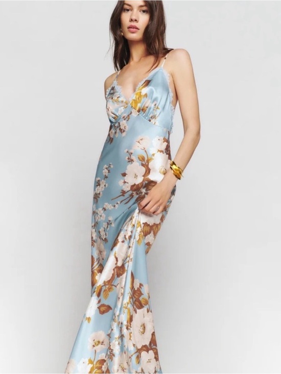 Reformation Dresses & Skirts - Reformation Light Blue Floral Satin Maxi Slip Dress